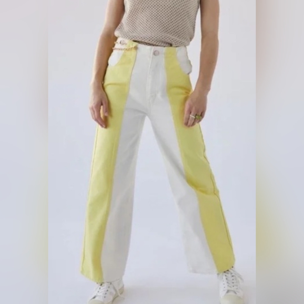 Uban Outfitters BDG White and Yellow Colorblock High & Wide Jeans